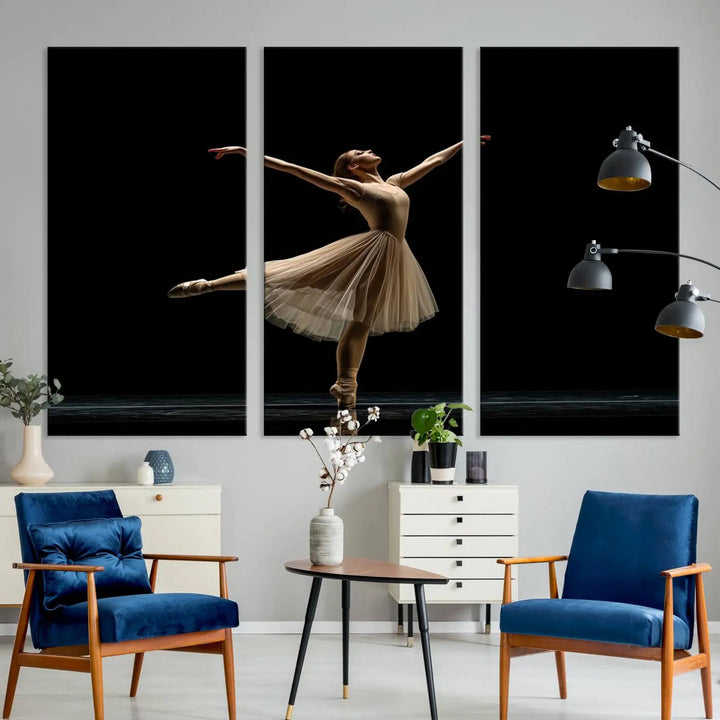 Displayed in a modern, minimalistic room is the Ballerina Canvas Wall Art Print titled "Elegant Ballet Dancer in Motion," an exquisite dance-inspired wall decor that captures the grace of a ballerina.