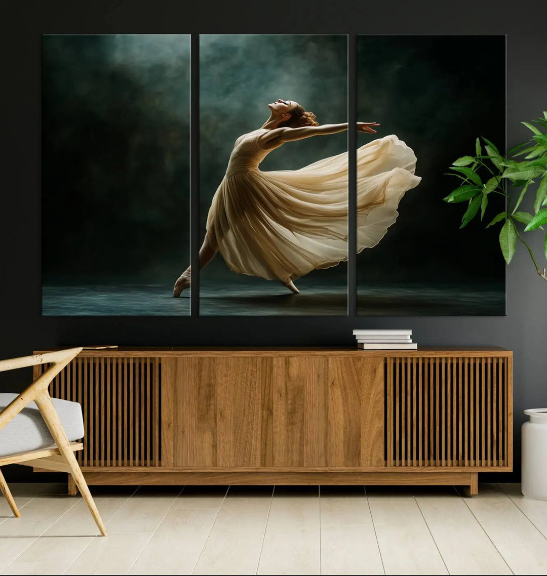 The Ballerina Canvas Wall Art Print, featuring an elegant ballet dancer in motion, beautifully enhances the space.