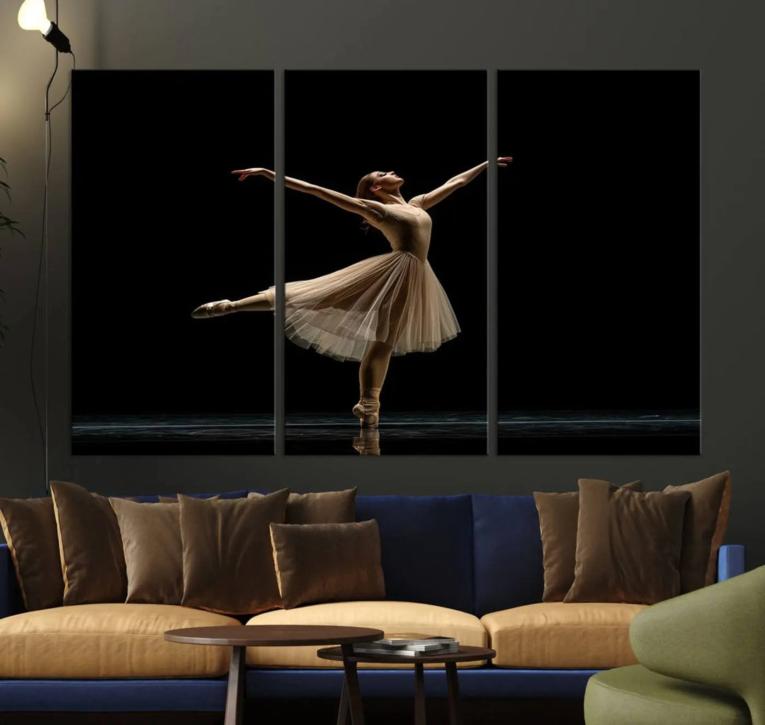 Displayed in a modern, minimalistic room is the Ballerina Canvas Wall Art Print titled "Elegant Ballet Dancer in Motion," an exquisite dance-inspired wall decor that captures the grace of a ballerina.