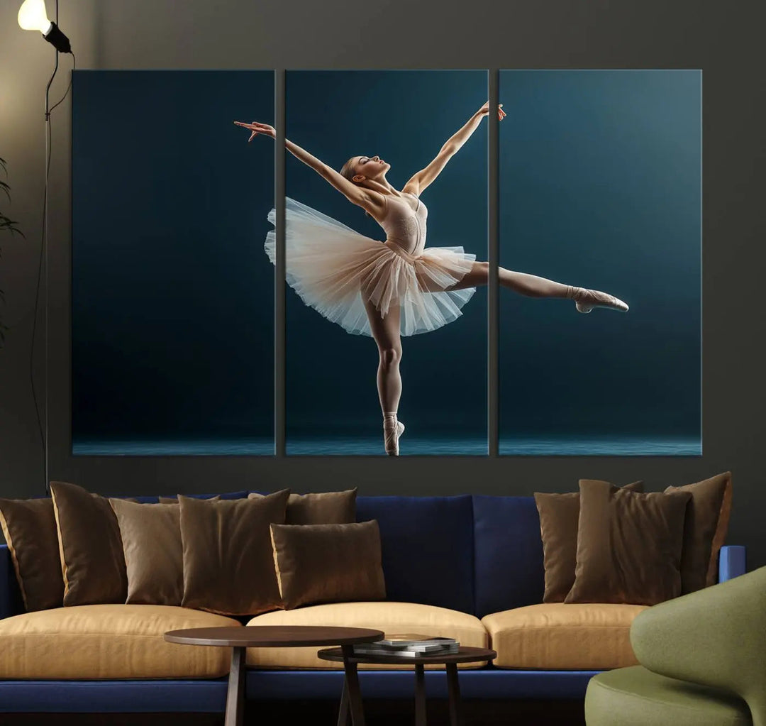 This stunning Ballerina Canvas Wall Art Print captures the elegance of a ballet dancer in motion, beautifully highlighted against a stage-like backdrop with delicate decor and natural elements. As graceful dance-inspired wall decor, it adds an element of grace and movement to any living room, office, or bedroom and is ready to hang.