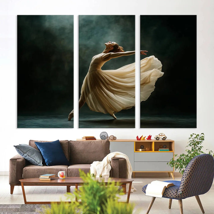 The Ballerina Canvas Wall Art Print, featuring an elegant ballet dancer in motion, beautifully enhances the space.