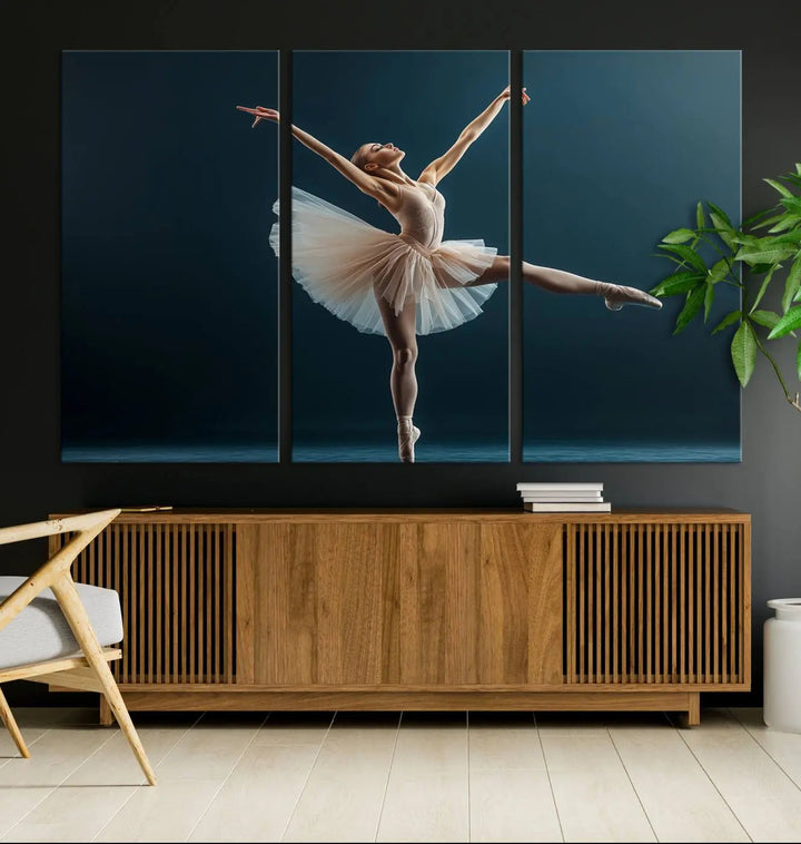 This stunning Ballerina Canvas Wall Art Print captures the elegance of a ballet dancer in motion, beautifully highlighted against a stage-like backdrop with delicate decor and natural elements. As graceful dance-inspired wall decor, it adds an element of grace and movement to any living room, office, or bedroom and is ready to hang.