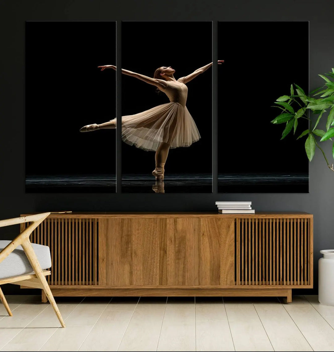 Displayed in a modern, minimalistic room is the Ballerina Canvas Wall Art Print titled "Elegant Ballet Dancer in Motion," an exquisite dance-inspired wall decor that captures the grace of a ballerina.