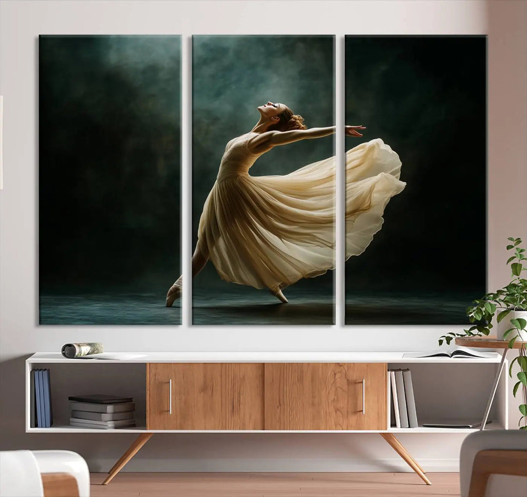 The Ballerina Canvas Wall Art Print, featuring an elegant ballet dancer in motion, beautifully enhances the space.