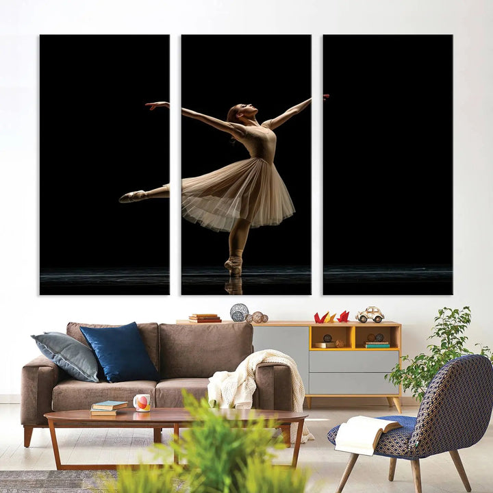 Displayed in a modern, minimalistic room is the Ballerina Canvas Wall Art Print titled "Elegant Ballet Dancer in Motion," an exquisite dance-inspired wall decor that captures the grace of a ballerina.