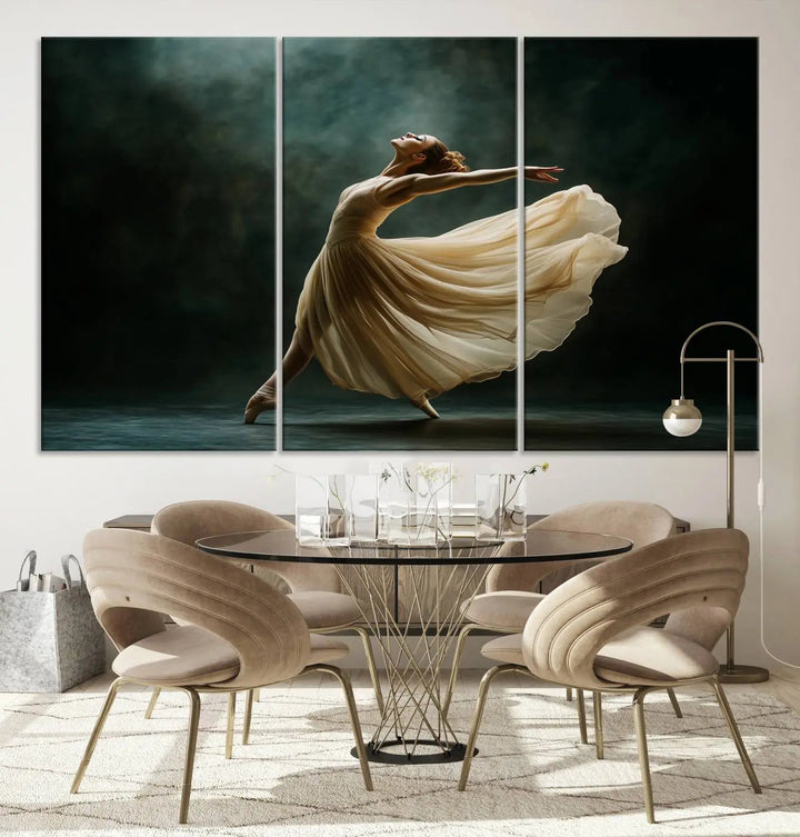 The Ballerina Canvas Wall Art Print, featuring an elegant ballet dancer in motion, beautifully enhances the space.