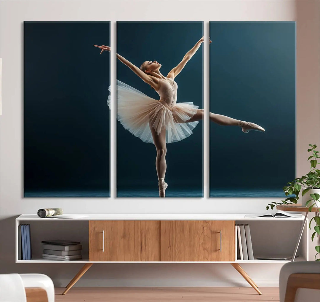 This stunning Ballerina Canvas Wall Art Print captures the elegance of a ballet dancer in motion, beautifully highlighted against a stage-like backdrop with delicate decor and natural elements. As graceful dance-inspired wall decor, it adds an element of grace and movement to any living room, office, or bedroom and is ready to hang.