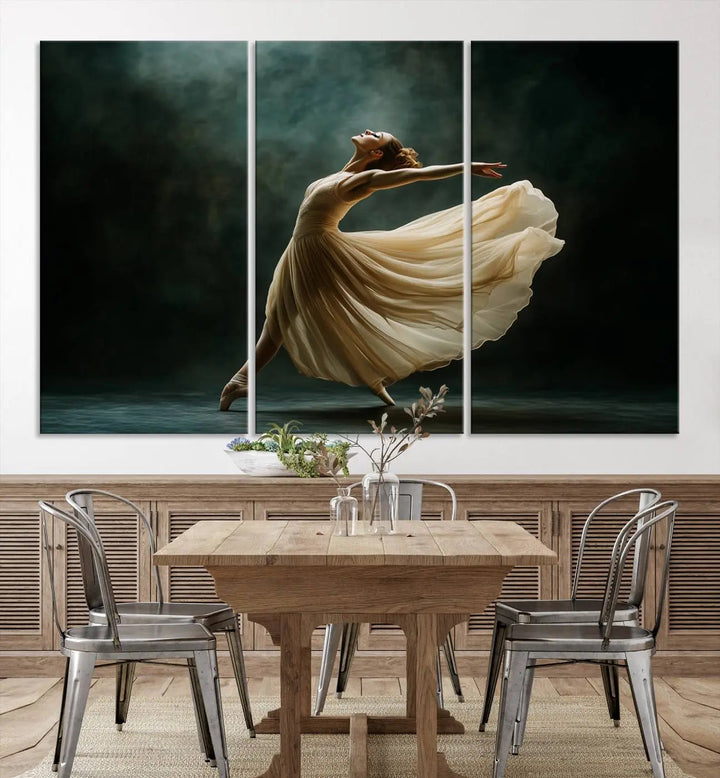 The Ballerina Canvas Wall Art Print, featuring an elegant ballet dancer in motion, beautifully enhances the space.