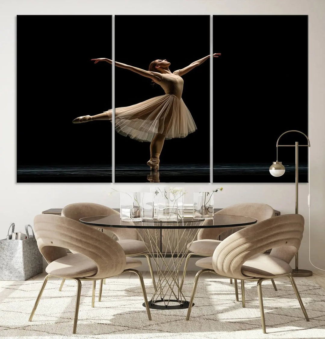 Displayed in a modern, minimalistic room is the Ballerina Canvas Wall Art Print titled "Elegant Ballet Dancer in Motion," an exquisite dance-inspired wall decor that captures the grace of a ballerina.