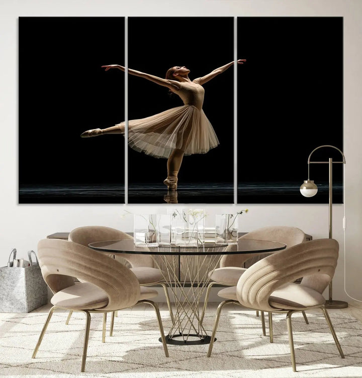 Displayed in a modern, minimalistic room is the Ballerina Canvas Wall Art Print titled "Elegant Ballet Dancer in Motion," an exquisite dance-inspired wall decor that captures the grace of a ballerina.