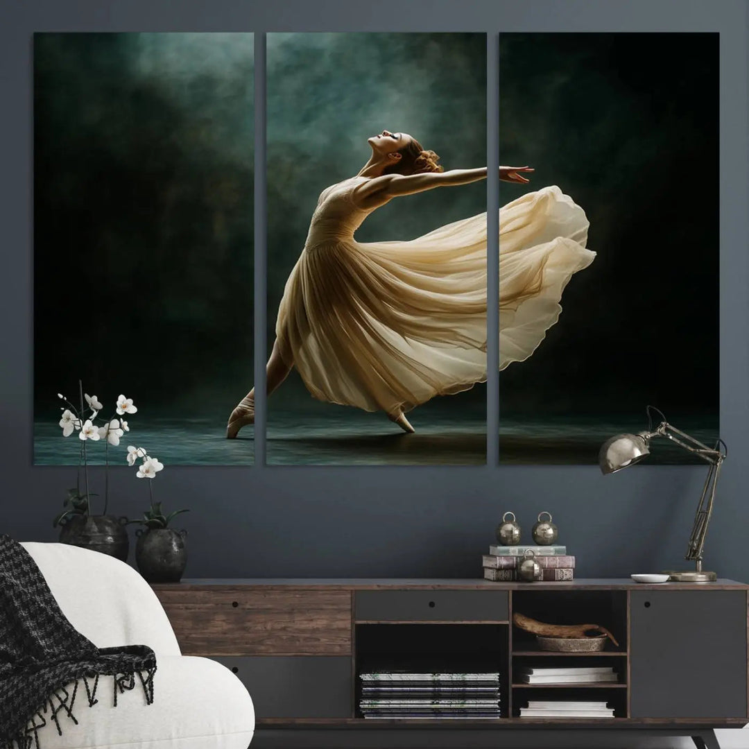 The Ballerina Canvas Wall Art Print, featuring an elegant ballet dancer in motion, beautifully enhances the space.