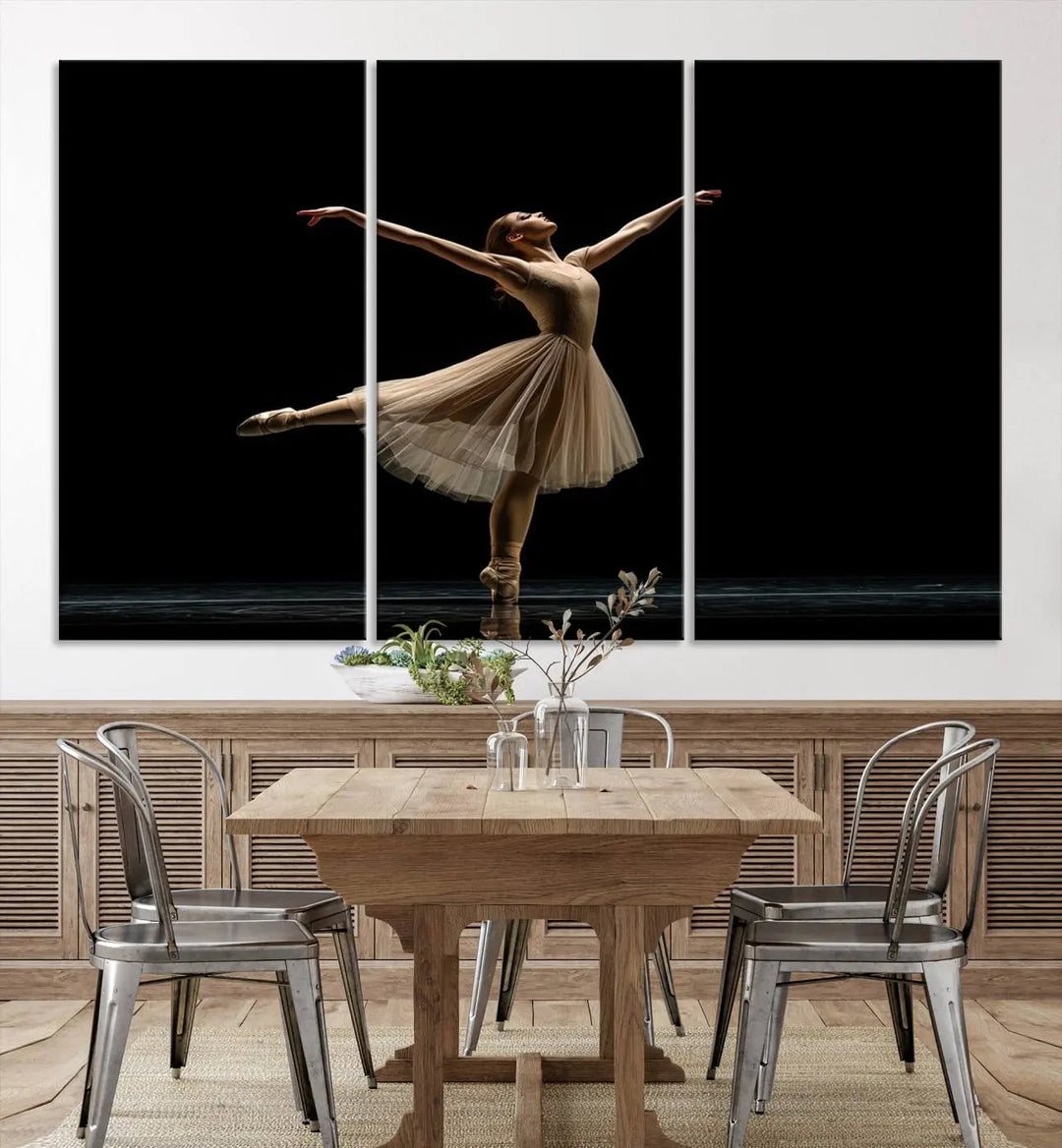 Displayed in a modern, minimalistic room is the Ballerina Canvas Wall Art Print titled "Elegant Ballet Dancer in Motion," an exquisite dance-inspired wall decor that captures the grace of a ballerina.