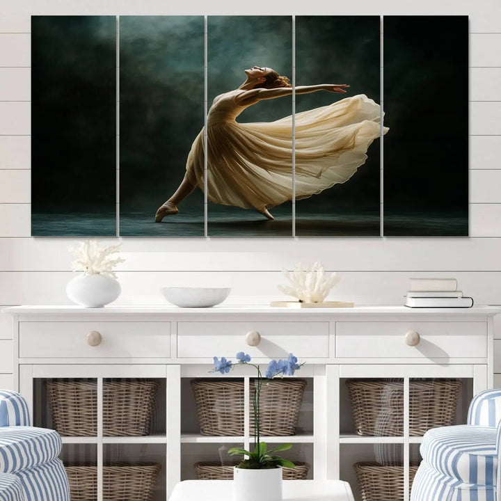 The Ballerina Canvas Wall Art Print, featuring an elegant ballet dancer in motion, beautifully enhances the space.