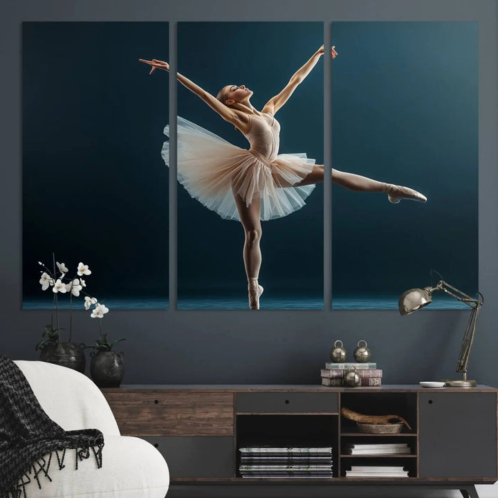 This stunning Ballerina Canvas Wall Art Print captures the elegance of a ballet dancer in motion, beautifully highlighted against a stage-like backdrop with delicate decor and natural elements. As graceful dance-inspired wall decor, it adds an element of grace and movement to any living room, office, or bedroom and is ready to hang.