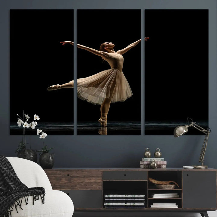 Displayed in a modern, minimalistic room is the Ballerina Canvas Wall Art Print titled "Elegant Ballet Dancer in Motion," an exquisite dance-inspired wall decor that captures the grace of a ballerina.