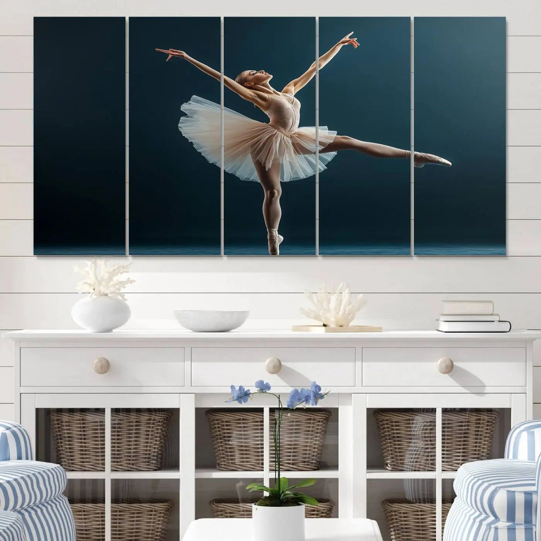 This stunning Ballerina Canvas Wall Art Print captures the elegance of a ballet dancer in motion, beautifully highlighted against a stage-like backdrop with delicate decor and natural elements. As graceful dance-inspired wall decor, it adds an element of grace and movement to any living room, office, or bedroom and is ready to hang.