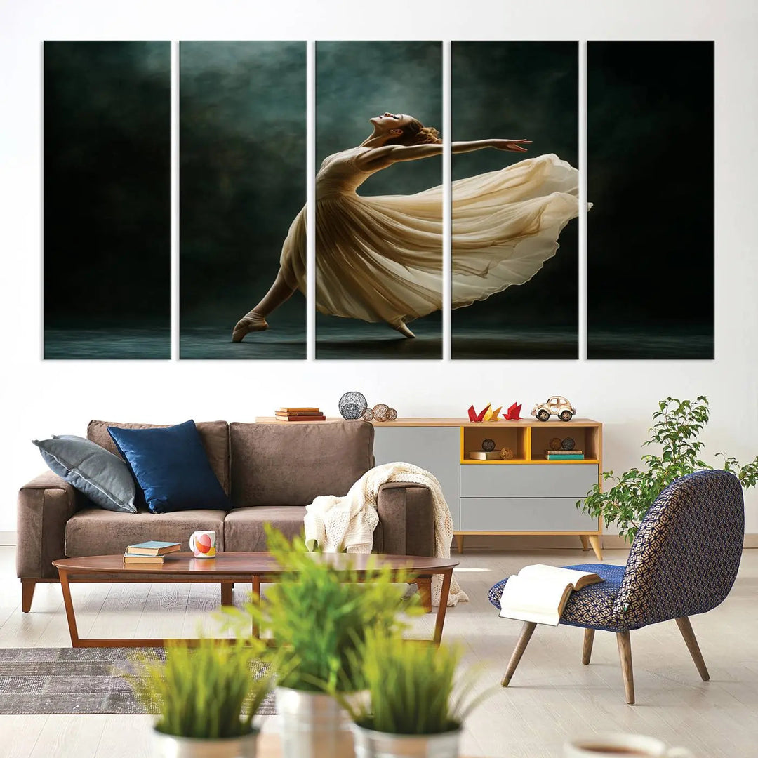 The Ballerina Canvas Wall Art Print, featuring an elegant ballet dancer in motion, beautifully enhances the space.