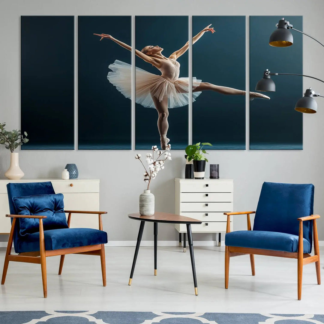 This stunning Ballerina Canvas Wall Art Print captures the elegance of a ballet dancer in motion, beautifully highlighted against a stage-like backdrop with delicate decor and natural elements. As graceful dance-inspired wall decor, it adds an element of grace and movement to any living room, office, or bedroom and is ready to hang.