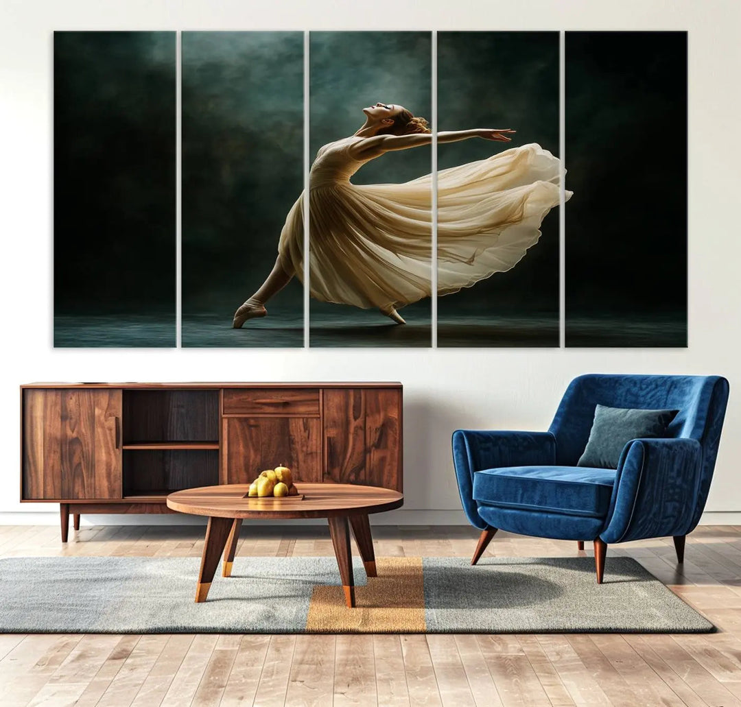 The Ballerina Canvas Wall Art Print, featuring an elegant ballet dancer in motion, beautifully enhances the space.