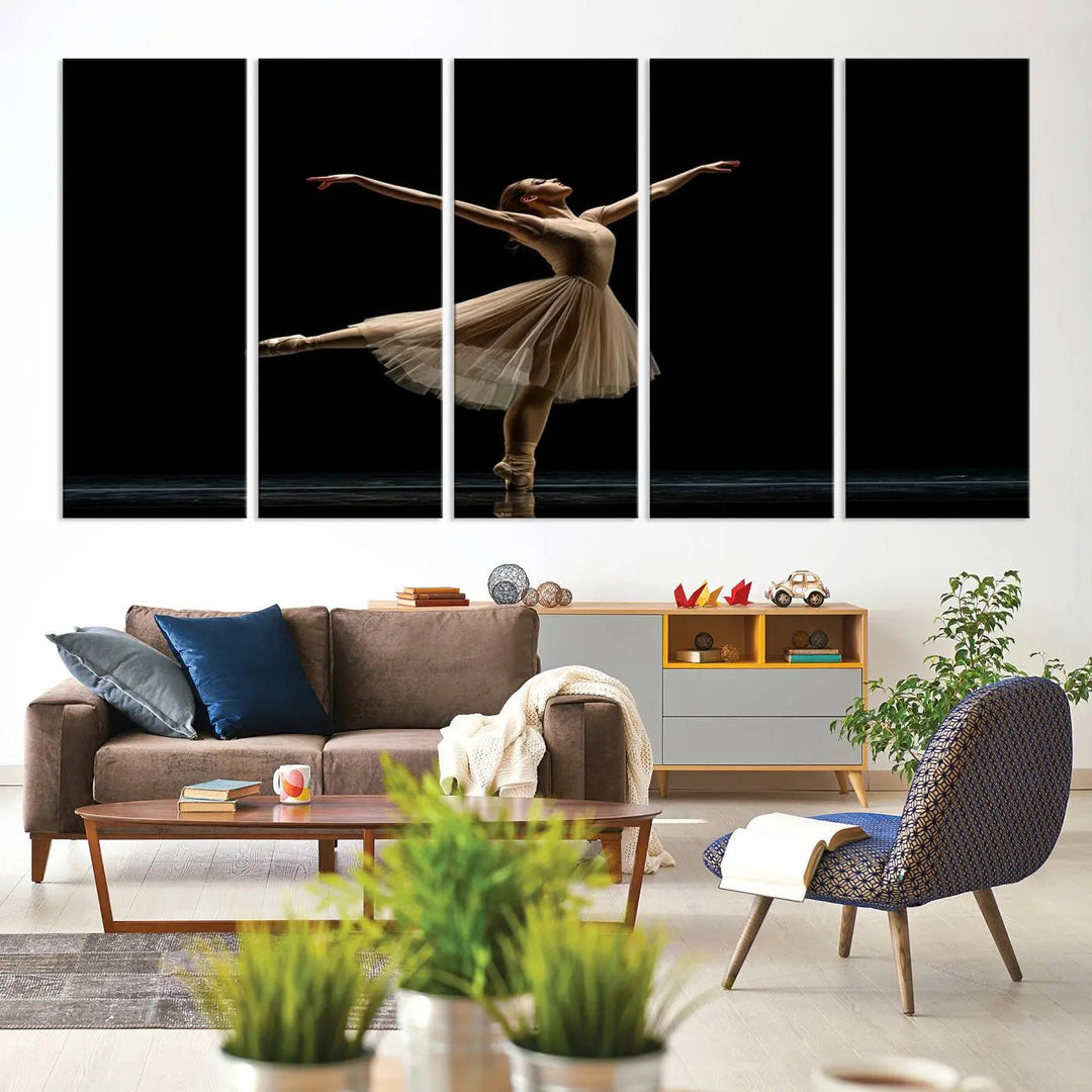 Displayed in a modern, minimalistic room is the Ballerina Canvas Wall Art Print titled "Elegant Ballet Dancer in Motion," an exquisite dance-inspired wall decor that captures the grace of a ballerina.