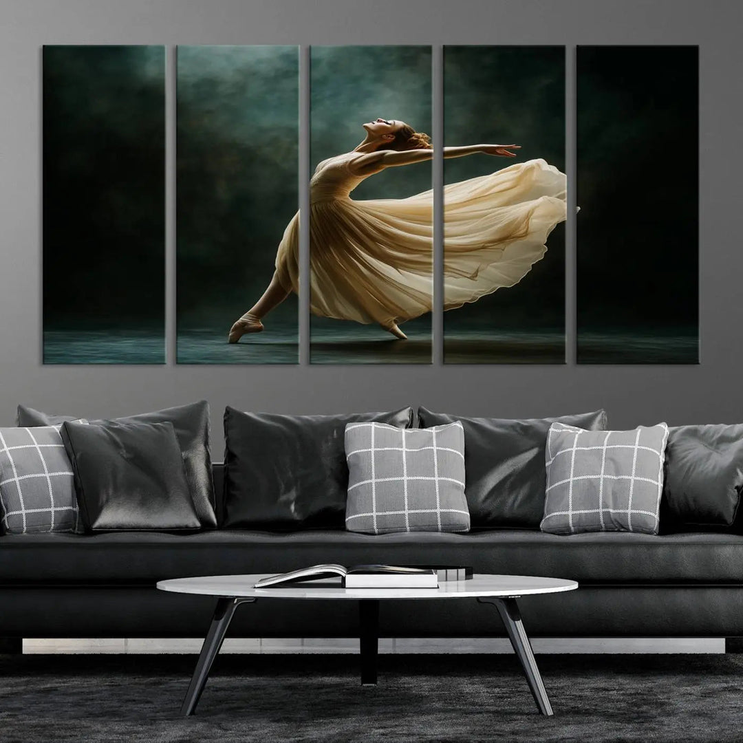 The Ballerina Canvas Wall Art Print, featuring an elegant ballet dancer in motion, beautifully enhances the space.