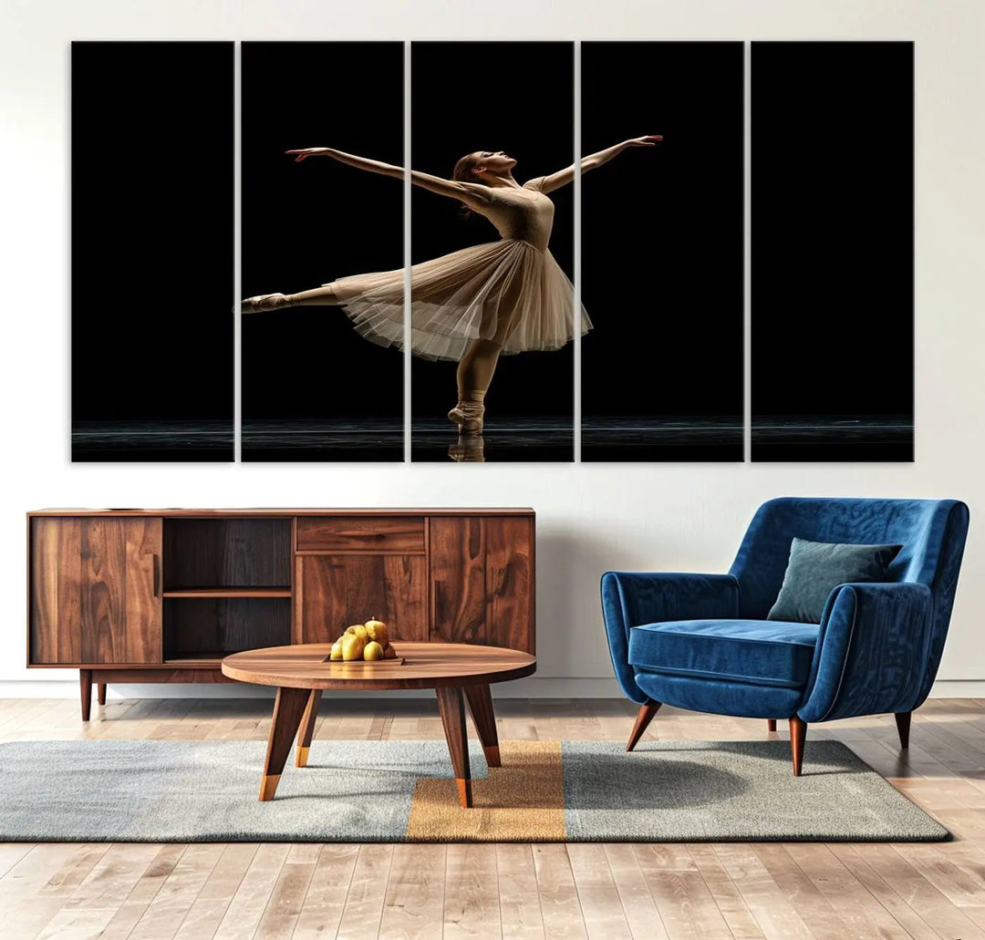 Displayed in a modern, minimalistic room is the Ballerina Canvas Wall Art Print titled "Elegant Ballet Dancer in Motion," an exquisite dance-inspired wall decor that captures the grace of a ballerina.