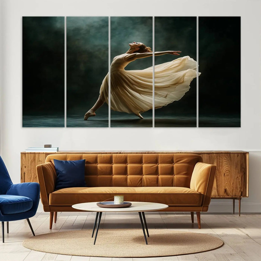 The Ballerina Canvas Wall Art Print, featuring an elegant ballet dancer in motion, beautifully enhances the space.