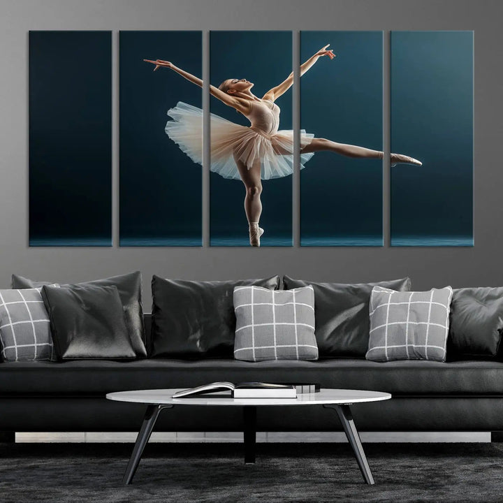 This stunning Ballerina Canvas Wall Art Print captures the elegance of a ballet dancer in motion, beautifully highlighted against a stage-like backdrop with delicate decor and natural elements. As graceful dance-inspired wall decor, it adds an element of grace and movement to any living room, office, or bedroom and is ready to hang.