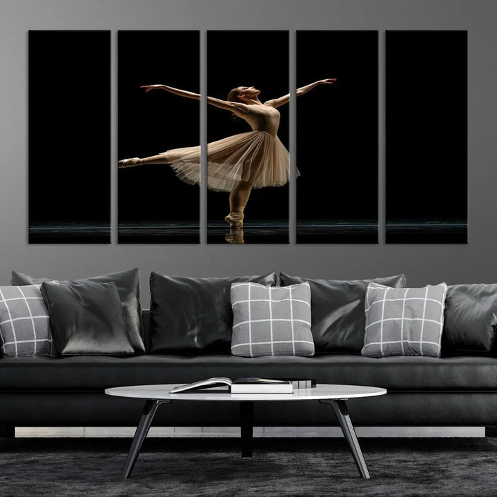 Displayed in a modern, minimalistic room is the Ballerina Canvas Wall Art Print titled "Elegant Ballet Dancer in Motion," an exquisite dance-inspired wall decor that captures the grace of a ballerina.