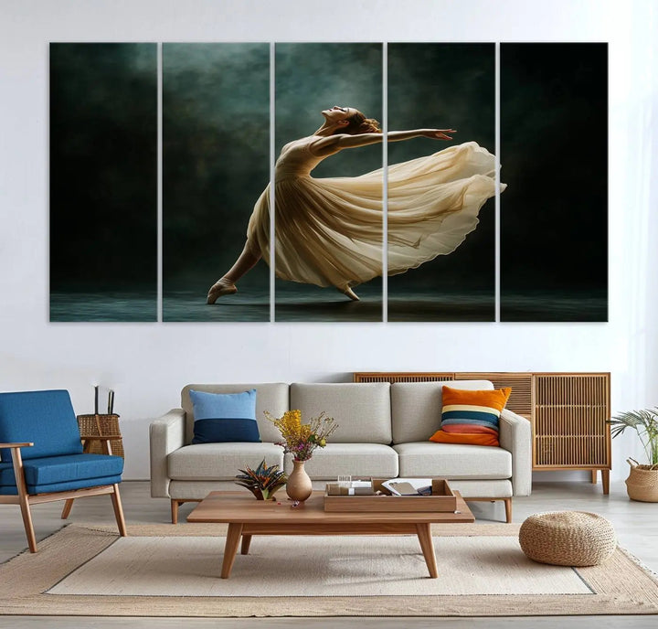 The Ballerina Canvas Wall Art Print, featuring an elegant ballet dancer in motion, beautifully enhances the space.