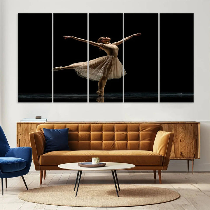 Displayed in a modern, minimalistic room is the Ballerina Canvas Wall Art Print titled "Elegant Ballet Dancer in Motion," an exquisite dance-inspired wall decor that captures the grace of a ballerina.