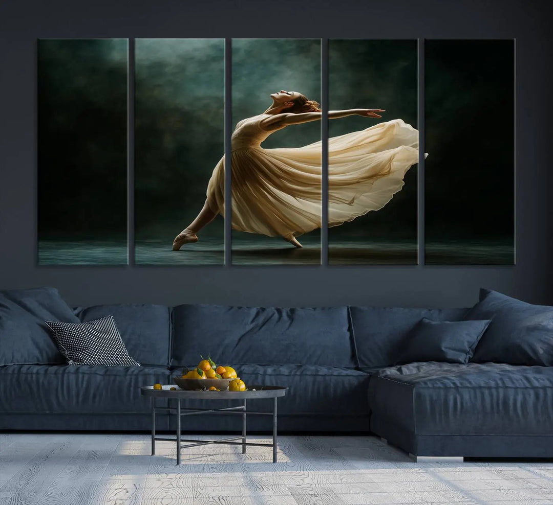 The Ballerina Canvas Wall Art Print, featuring an elegant ballet dancer in motion, beautifully enhances the space.