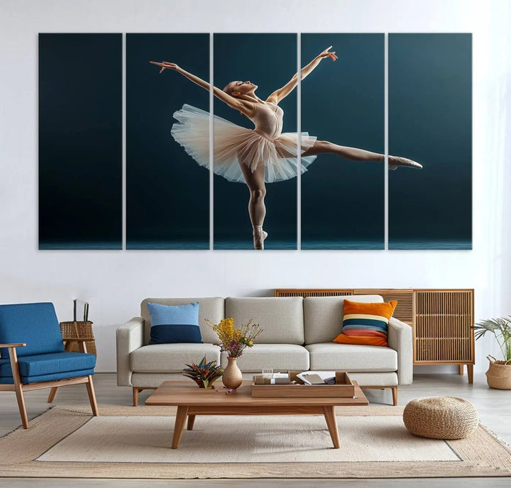 This stunning Ballerina Canvas Wall Art Print captures the elegance of a ballet dancer in motion, beautifully highlighted against a stage-like backdrop with delicate decor and natural elements. As graceful dance-inspired wall decor, it adds an element of grace and movement to any living room, office, or bedroom and is ready to hang.