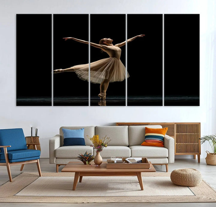 Displayed in a modern, minimalistic room is the Ballerina Canvas Wall Art Print titled "Elegant Ballet Dancer in Motion," an exquisite dance-inspired wall decor that captures the grace of a ballerina.