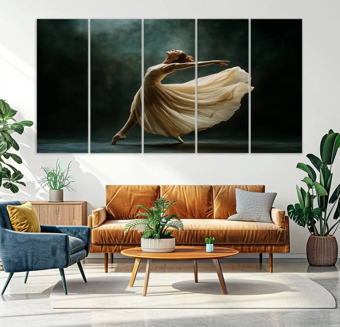 The Ballerina Canvas Wall Art Print, featuring an elegant ballet dancer in motion, beautifully enhances the space.