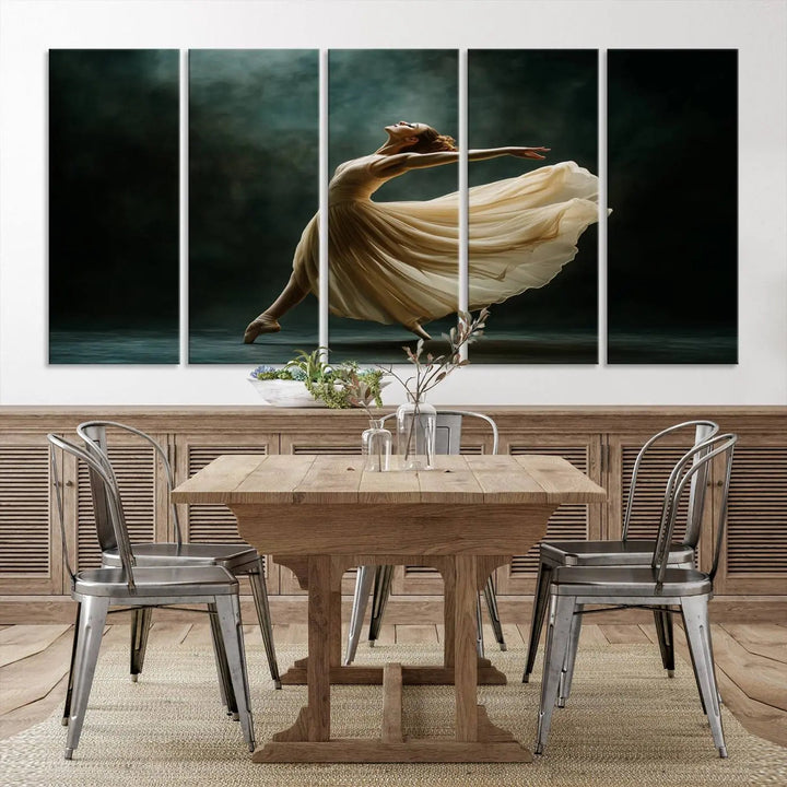 The Ballerina Canvas Wall Art Print, featuring an elegant ballet dancer in motion, beautifully enhances the space.