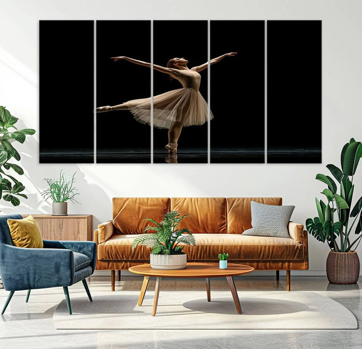 Displayed in a modern, minimalistic room is the Ballerina Canvas Wall Art Print titled "Elegant Ballet Dancer in Motion," an exquisite dance-inspired wall decor that captures the grace of a ballerina.