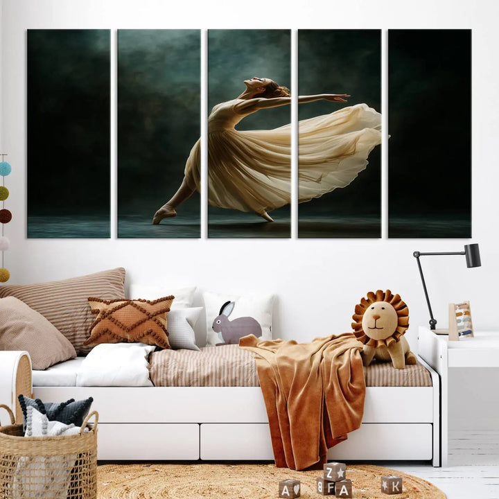 The Ballerina Canvas Wall Art Print, featuring an elegant ballet dancer in motion, beautifully enhances the space.