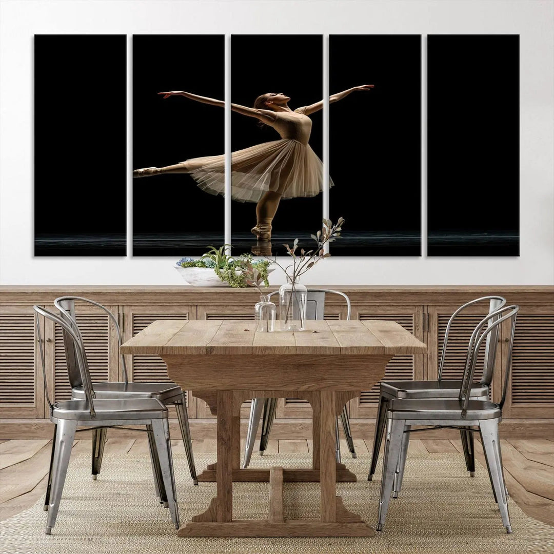 Displayed in a modern, minimalistic room is the Ballerina Canvas Wall Art Print titled "Elegant Ballet Dancer in Motion," an exquisite dance-inspired wall decor that captures the grace of a ballerina.