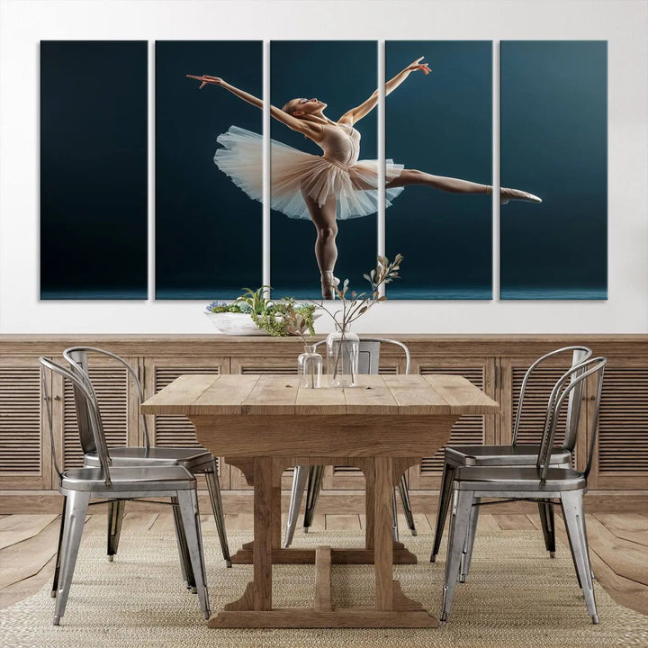 This stunning Ballerina Canvas Wall Art Print captures the elegance of a ballet dancer in motion, beautifully highlighted against a stage-like backdrop with delicate decor and natural elements. As graceful dance-inspired wall decor, it adds an element of grace and movement to any living room, office, or bedroom and is ready to hang.