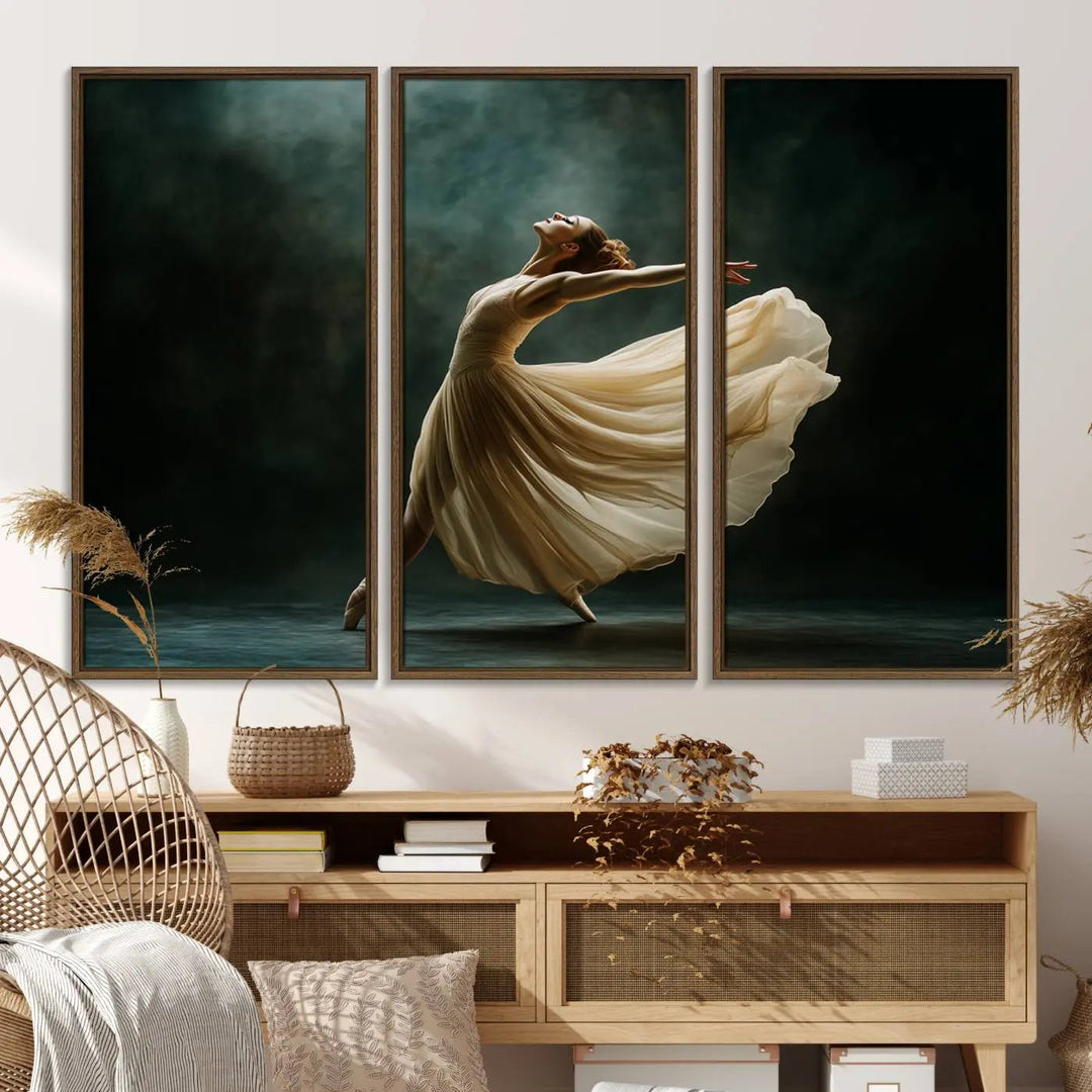 The Ballerina Canvas Wall Art Print, featuring an elegant ballet dancer in motion, beautifully enhances the space.