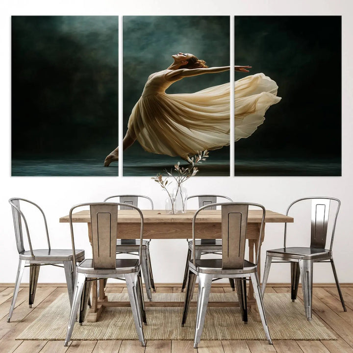 The Ballerina Canvas Wall Art Print, featuring an elegant ballet dancer in motion, beautifully enhances the space.