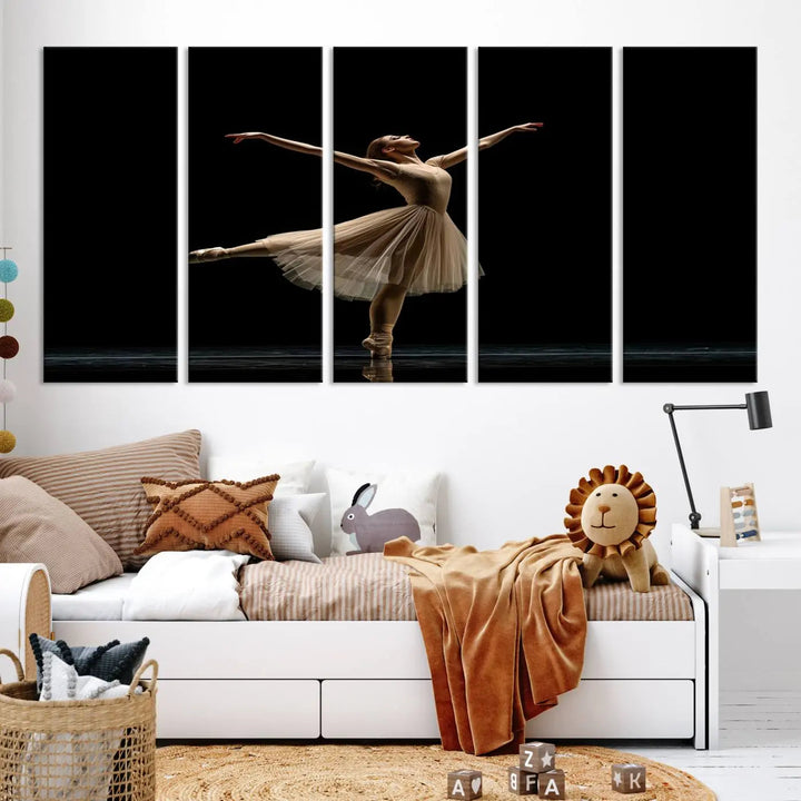 Displayed in a modern, minimalistic room is the Ballerina Canvas Wall Art Print titled "Elegant Ballet Dancer in Motion," an exquisite dance-inspired wall decor that captures the grace of a ballerina.