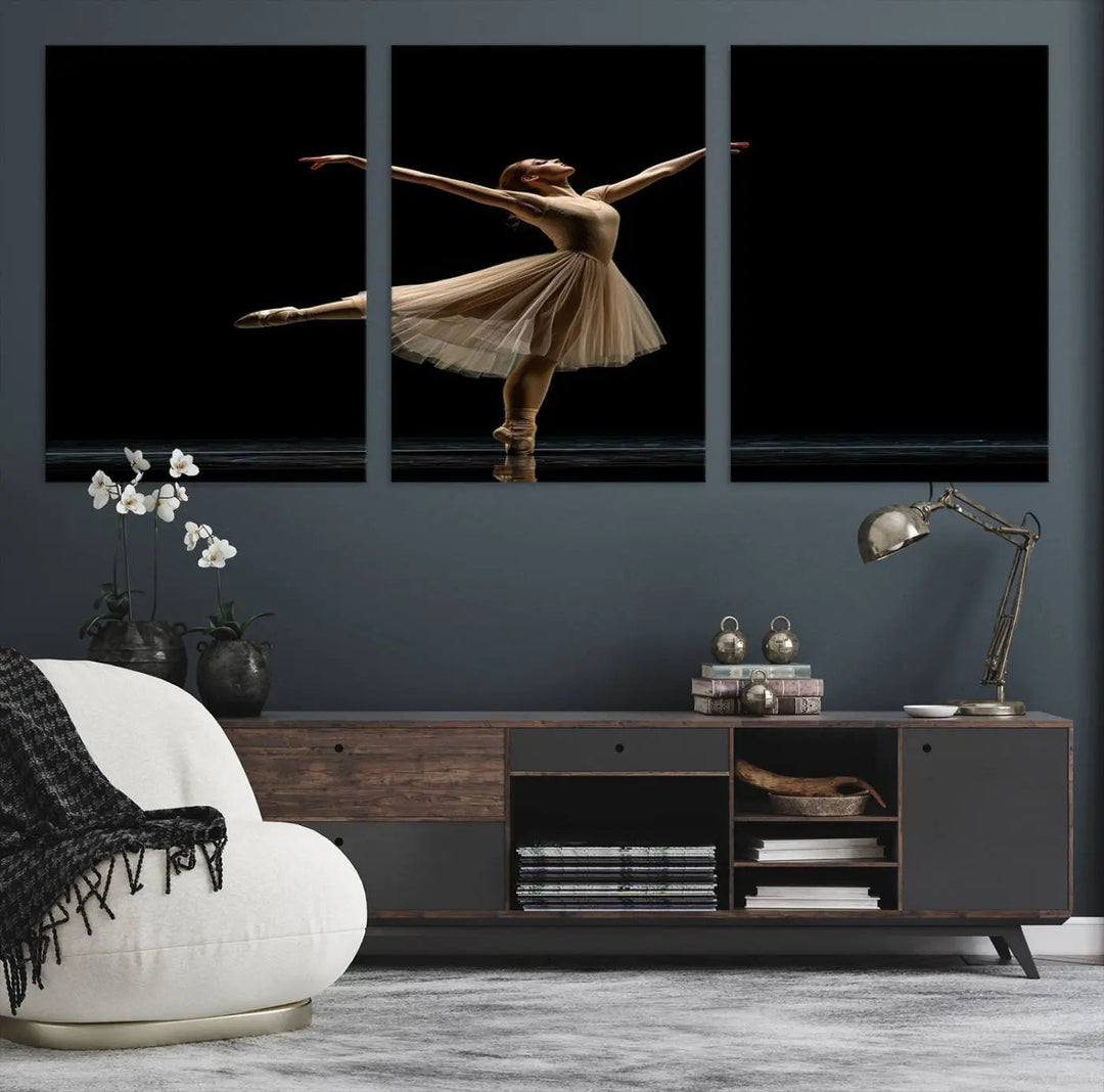 Displayed in a modern, minimalistic room is the Ballerina Canvas Wall Art Print titled "Elegant Ballet Dancer in Motion," an exquisite dance-inspired wall decor that captures the grace of a ballerina.