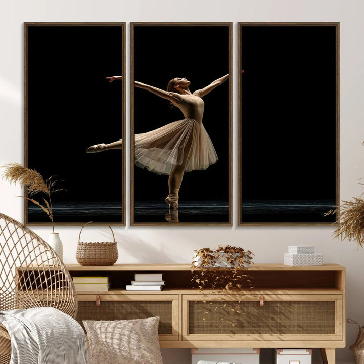 Displayed in a modern, minimalistic room is the Ballerina Canvas Wall Art Print titled "Elegant Ballet Dancer in Motion," an exquisite dance-inspired wall decor that captures the grace of a ballerina.