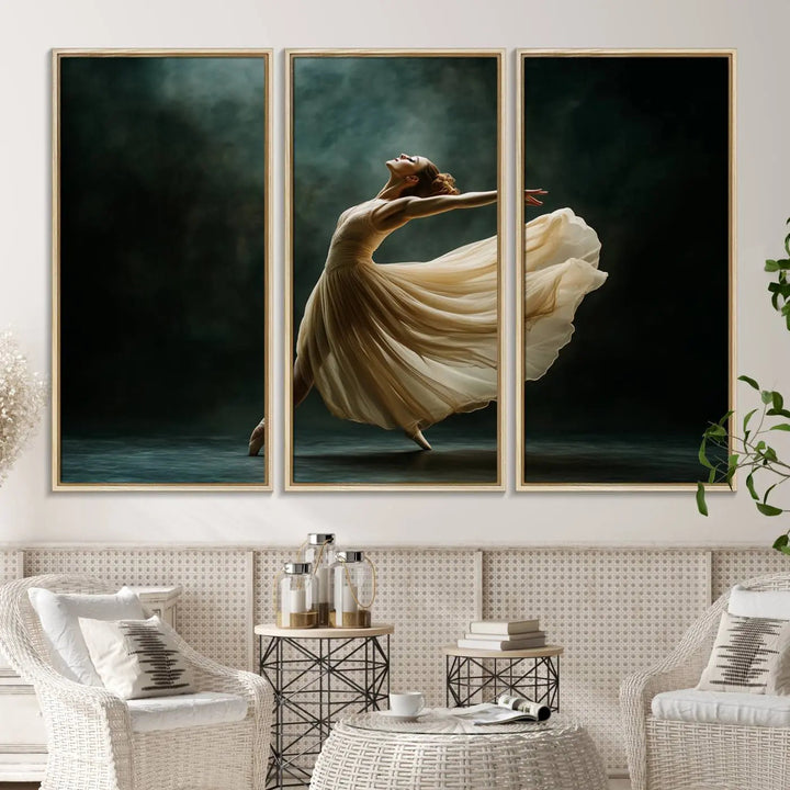 The Ballerina Canvas Wall Art Print, featuring an elegant ballet dancer in motion, beautifully enhances the space.