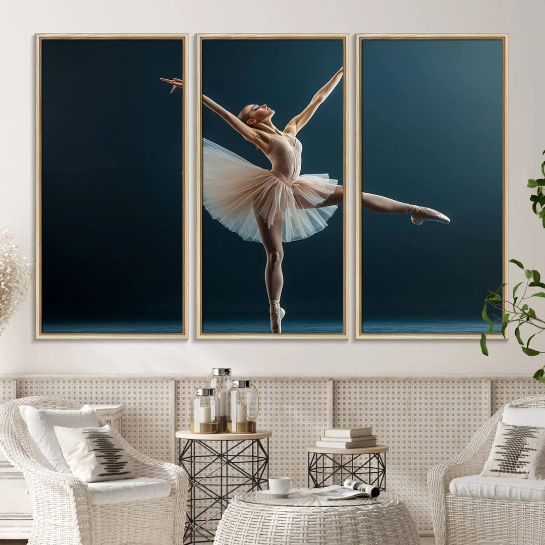 This stunning Ballerina Canvas Wall Art Print captures the elegance of a ballet dancer in motion, beautifully highlighted against a stage-like backdrop with delicate decor and natural elements. As graceful dance-inspired wall decor, it adds an element of grace and movement to any living room, office, or bedroom and is ready to hang.