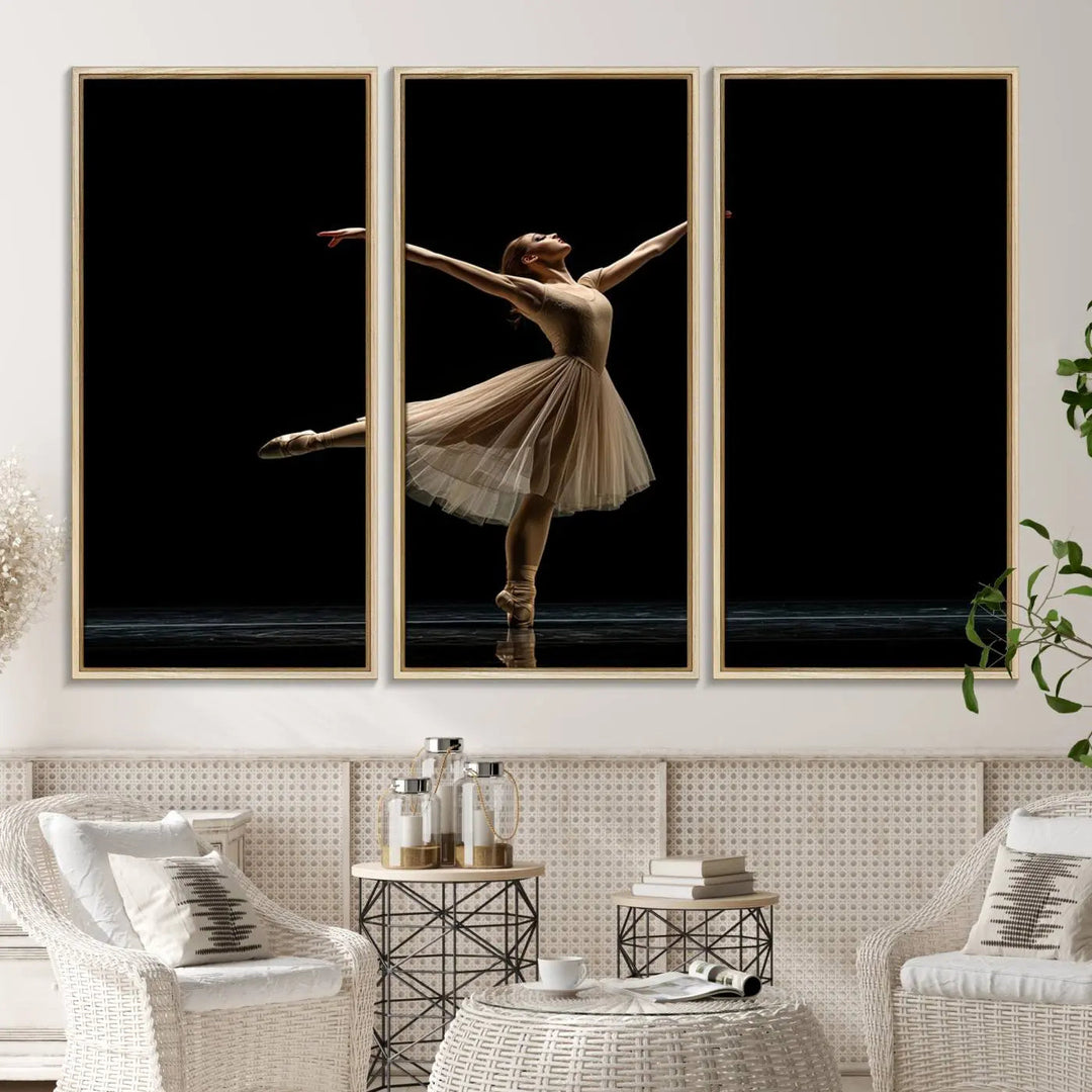 Displayed in a modern, minimalistic room is the Ballerina Canvas Wall Art Print titled "Elegant Ballet Dancer in Motion," an exquisite dance-inspired wall decor that captures the grace of a ballerina.