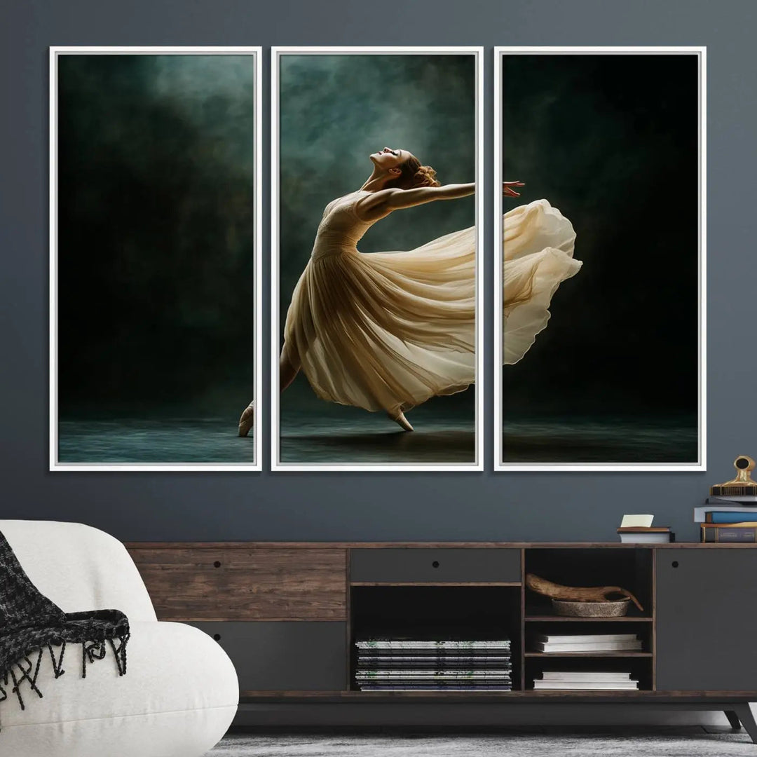 The Ballerina Canvas Wall Art Print, featuring an elegant ballet dancer in motion, beautifully enhances the space.