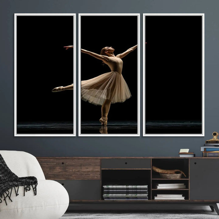 Displayed in a modern, minimalistic room is the Ballerina Canvas Wall Art Print titled "Elegant Ballet Dancer in Motion," an exquisite dance-inspired wall decor that captures the grace of a ballerina.